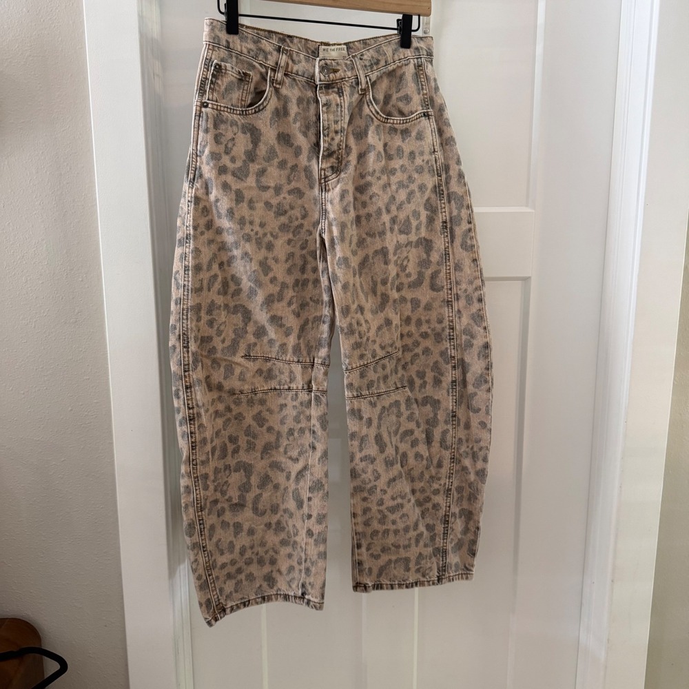 Free People We The Free Good Luck Leopard Barrel Jeans Tan Brown Size 27 Boho
